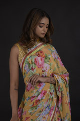 Ochre Crepe Saree Set_DTR0321