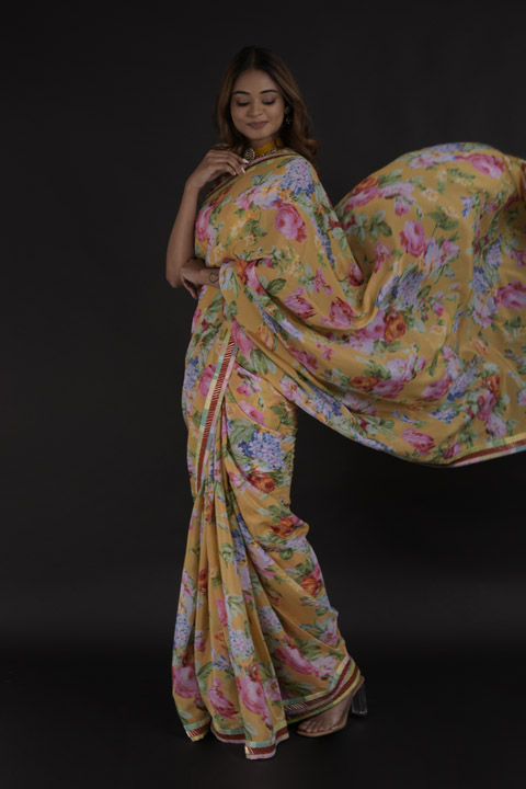 Ochre Crepe Saree Set