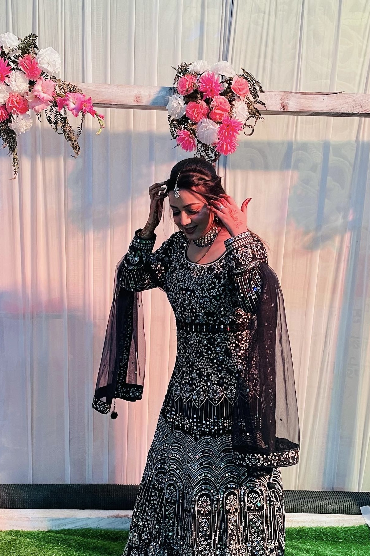 Navy Blue Lehenga Gown With Floral Embroidered And Mirror Work