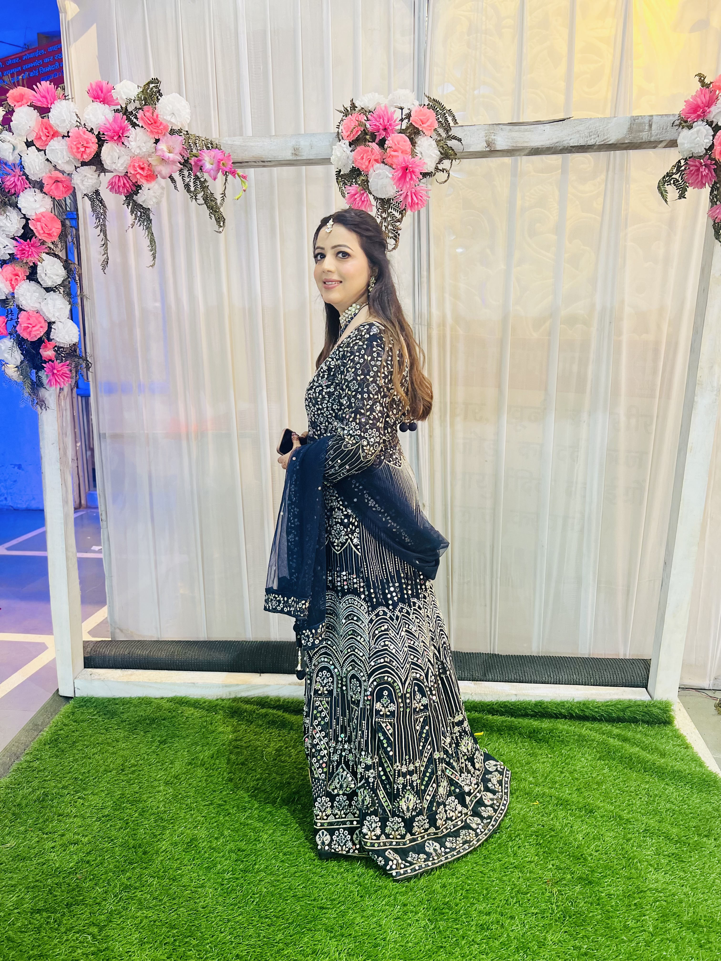 Navy Blue Lehenga Gown With Floral Embroidered And Mirror Work6