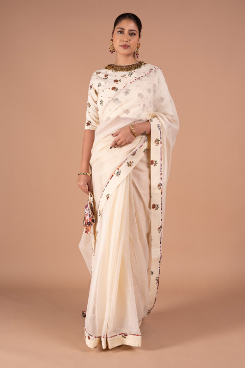 Ivory Printed Kota Doria Saree Set
