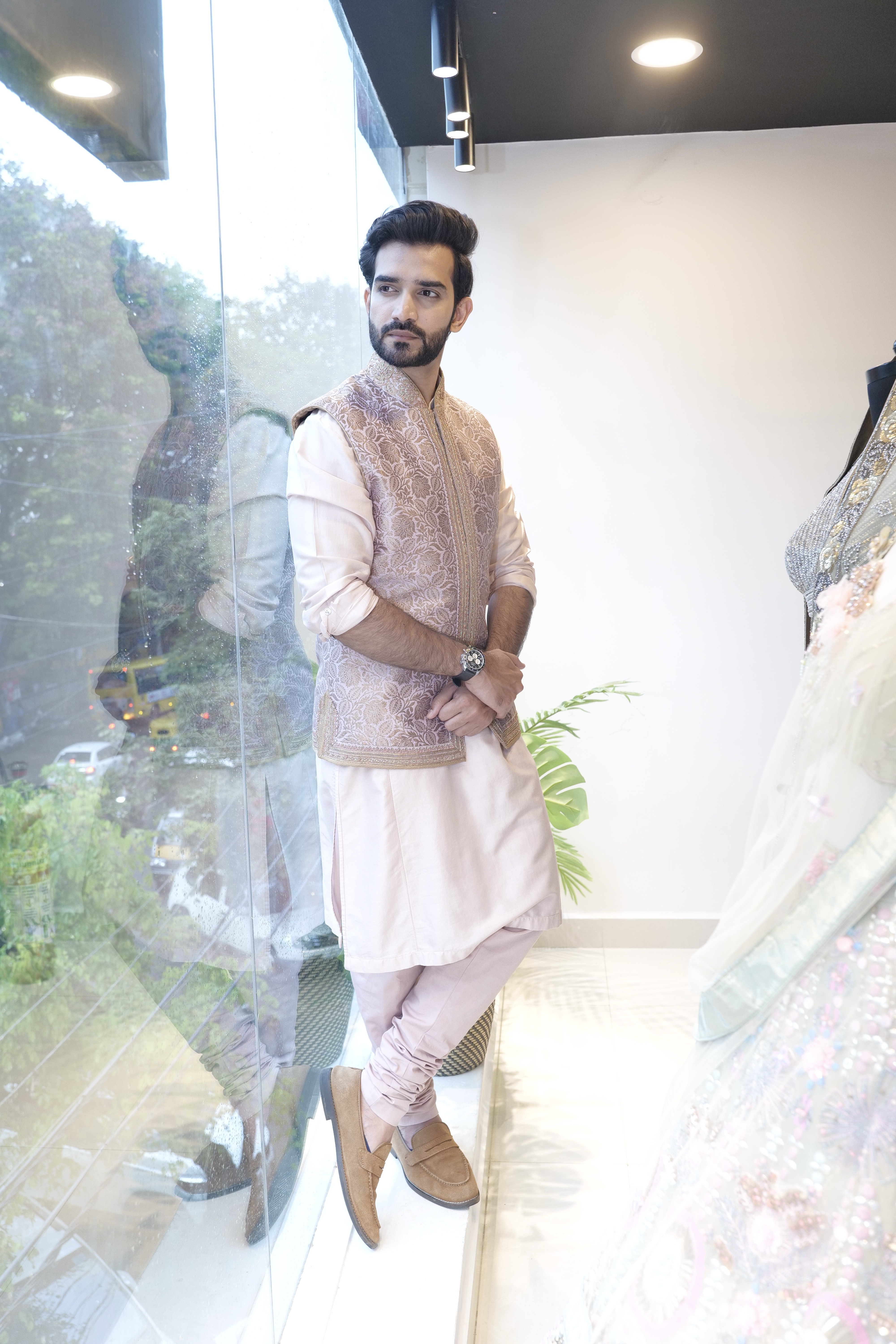 Salmon Pink Brocade Kurta Set