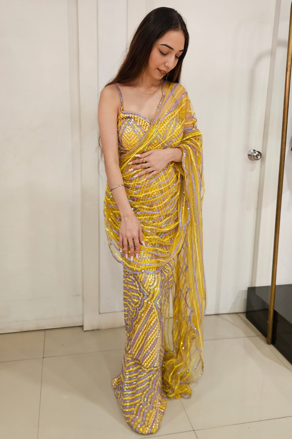 Yellow Lavender Sheer Lehenga Saree With Sequins Embellishment