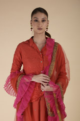 Red Crushed Shirt Lehenga Set_DTR2431