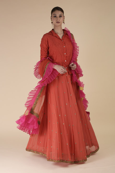 Red Crushed Shirt Lehenga Set
