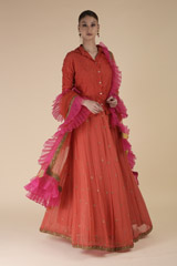 Red Crushed Shirt Lehenga Set_DTR2441