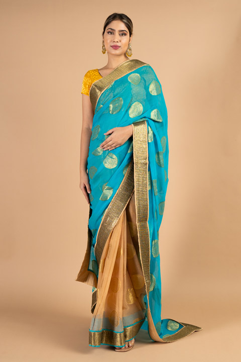 Beige  Blue Brocade Saree