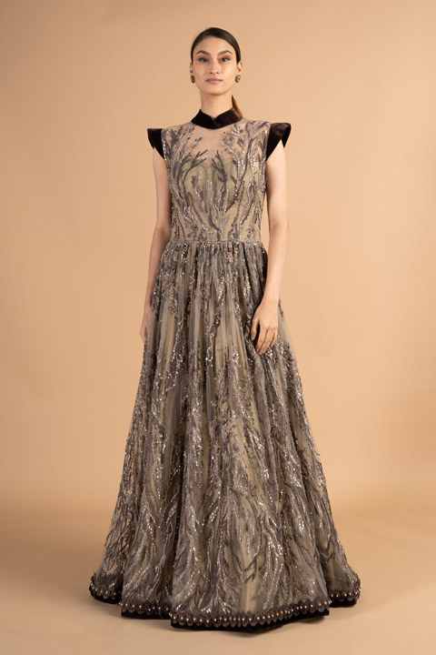 Beige High Collar Sleeveless Gown