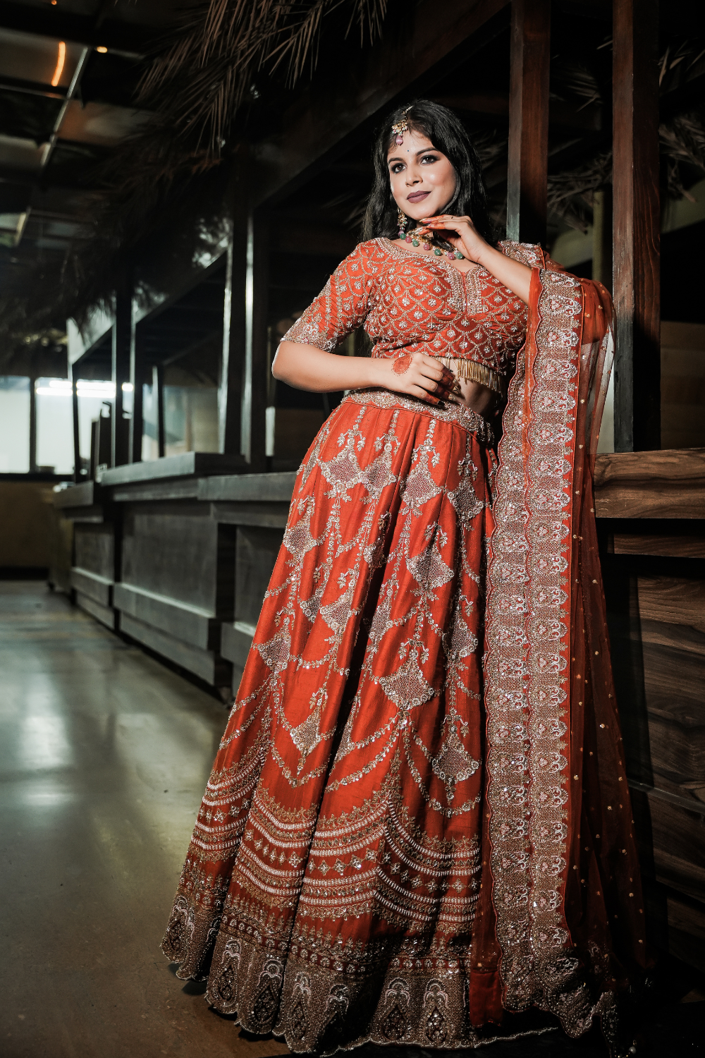 Rust Orange Red Lehenga With Zari Sequins Embroidery Work