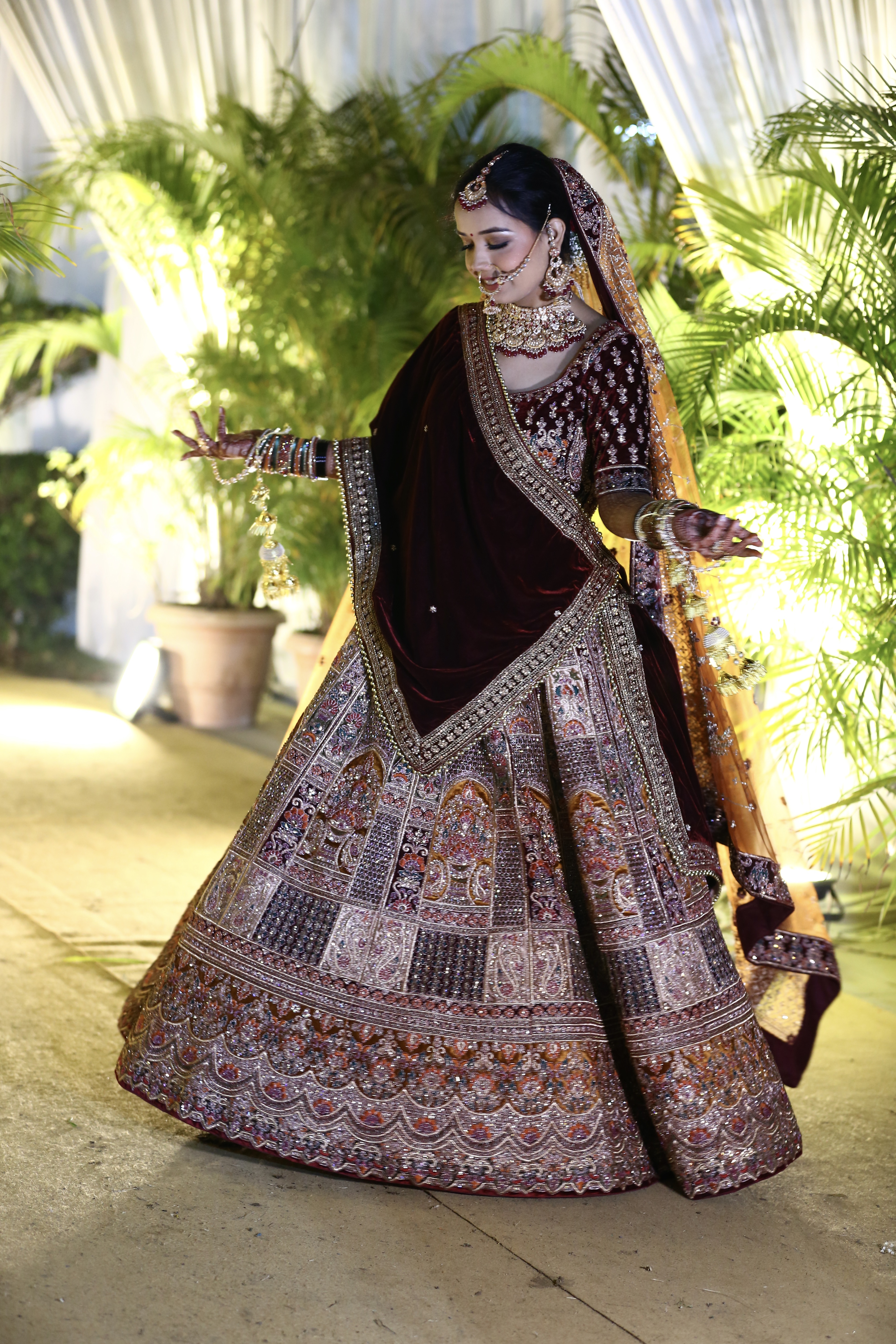 Dark Maroon Lehenga Set With Multi-coloured Embellishment Work