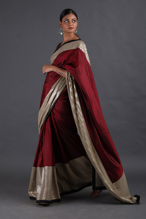Maroon Sequins Silk Saree