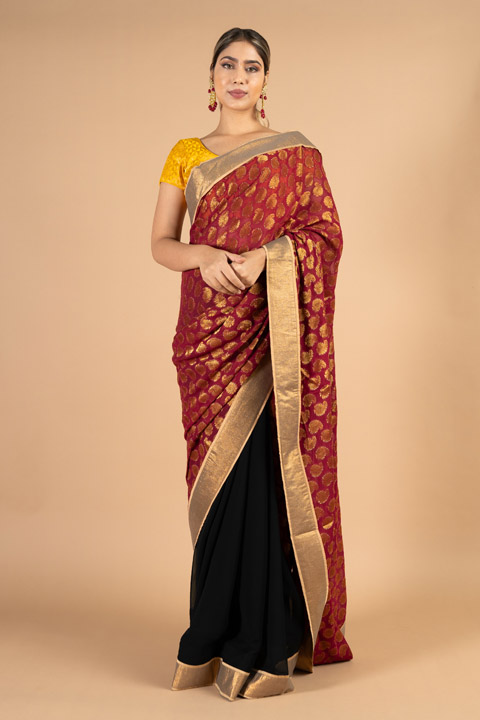 Red Black Brocade Saree