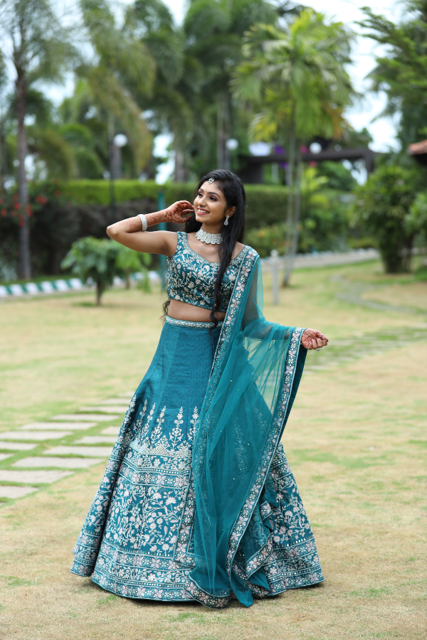 Teal Green Lehenga Set With Blush Pink Floral Motif Embellishment