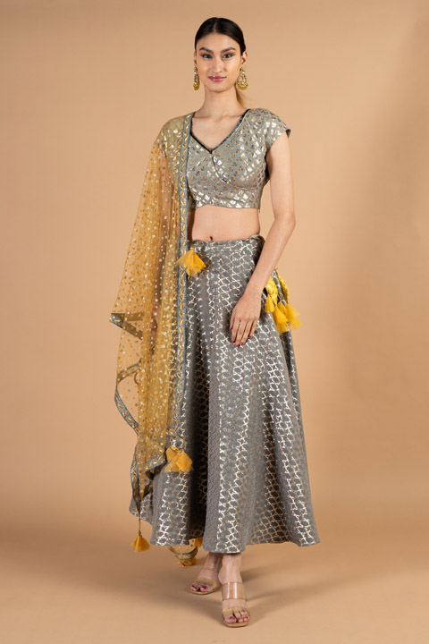 Grey And Mustard Lehenga Set