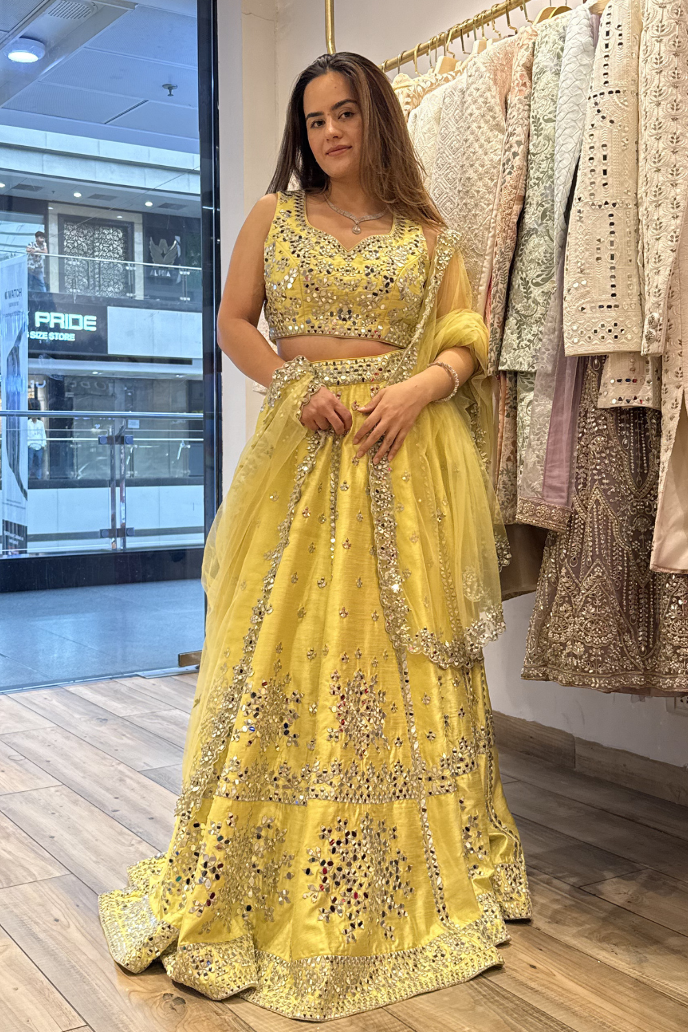 Lime Green Lehenga With Mirror Work Embellishment