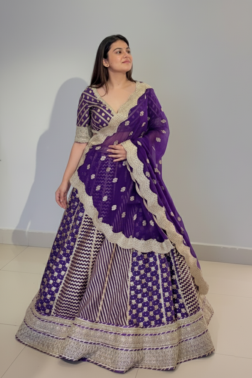 Purple And Gold Banarasi Lehenga Set