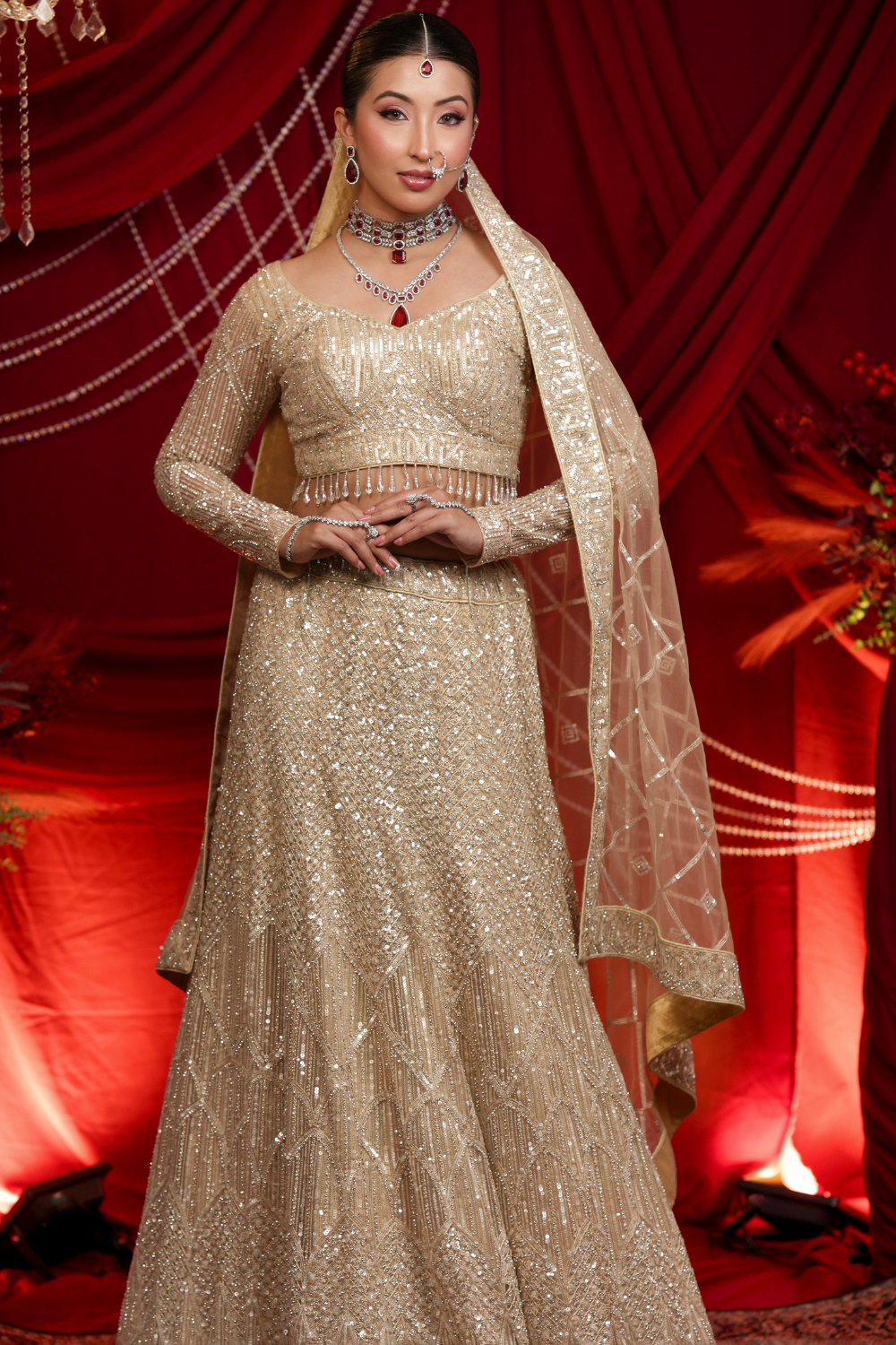 Champagne Gold Shimmer Lehenga With All Over Silver Sequins and Bead Work Embellishment1