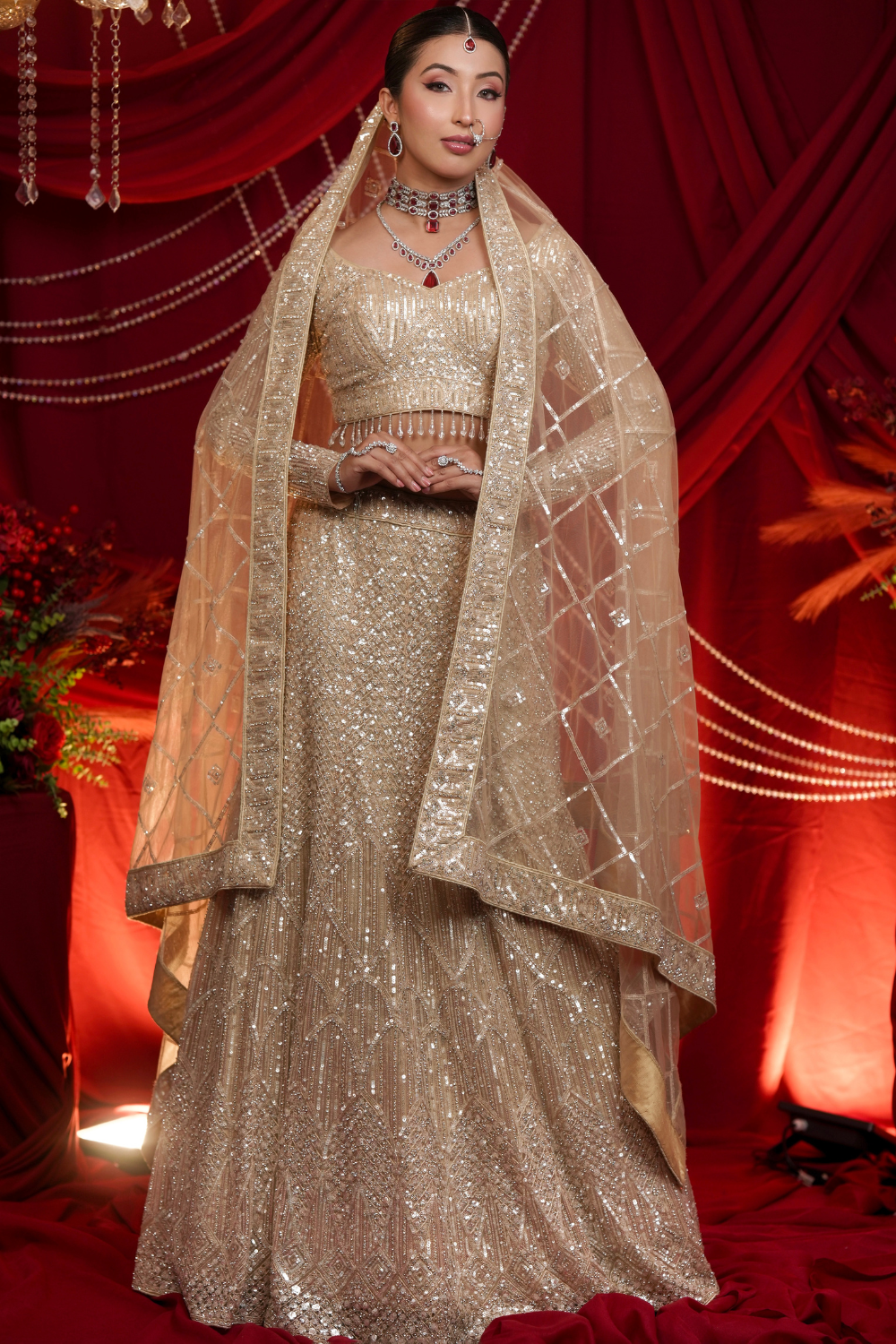 Champagne Gold Shimmer Lehenga With All Over Silver Sequins and Bead Work Embellishment