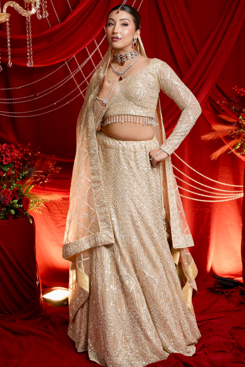 Champagne Gold Shimmer Lehenga With All Over Silver Sequins and Bead Work Embellishment5