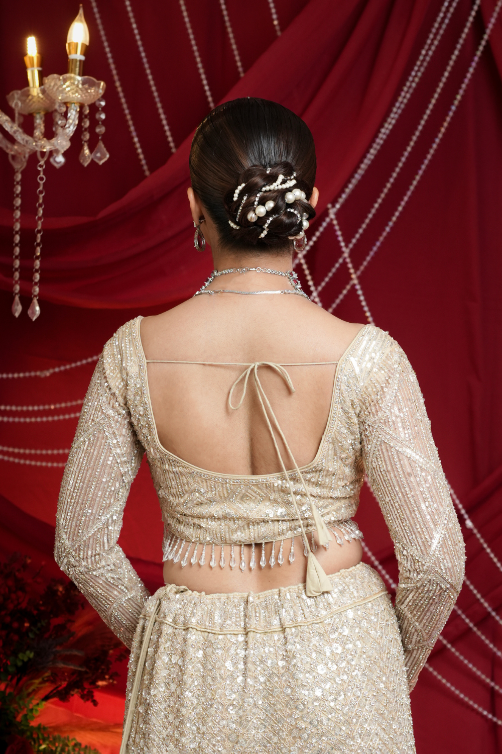 Champagne Gold Shimmer Lehenga With All Over Silver Sequins and Bead Work Embellishment7