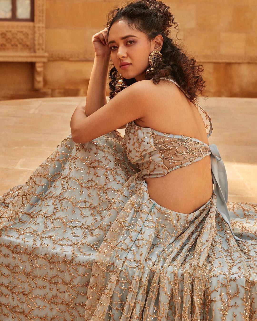 Blue Embroided Crop Top Set4