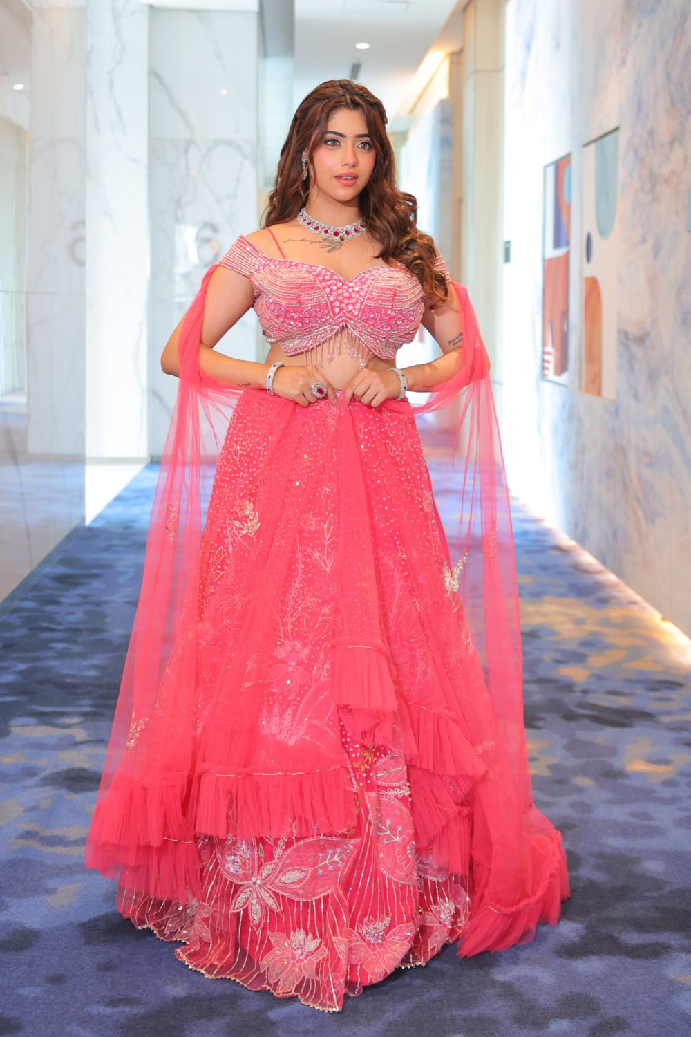 Fuscia Pink Butterfly Lehenga Set With Pearl Sequins Bead Work Embellishment