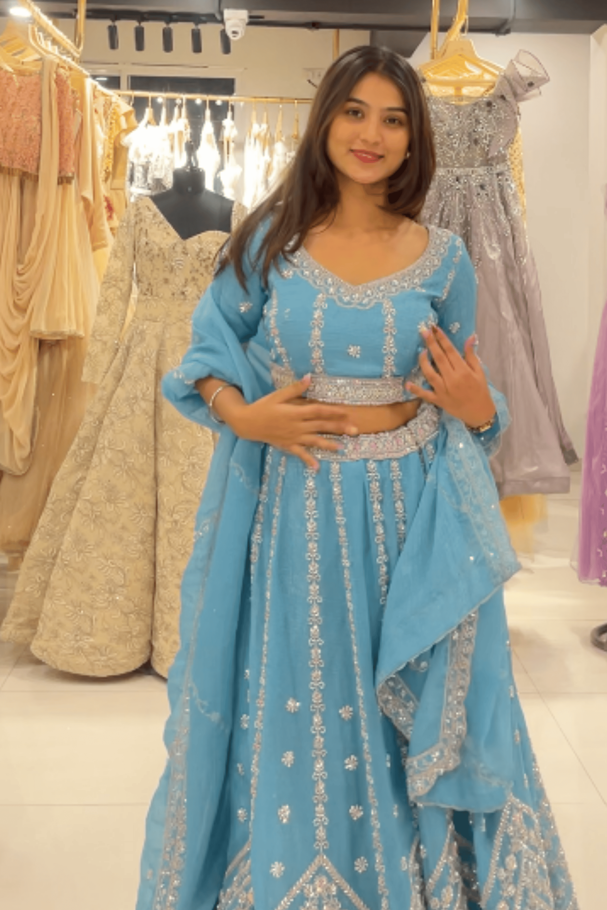 Sky Blue Lehenga Set With Silver Thread Work Embellishment6