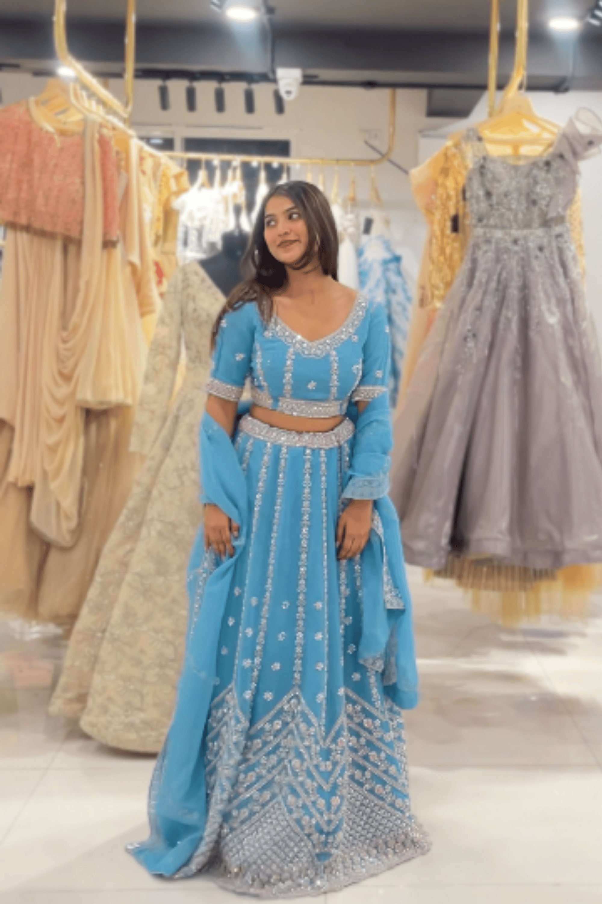 Sky Blue Lehenga Set With Silver Thread Work Embellishment7
