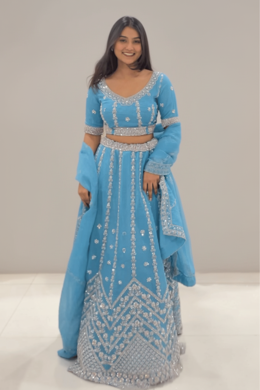 Sky Blue Lehenga Set With Silver Thread Work Embellishment