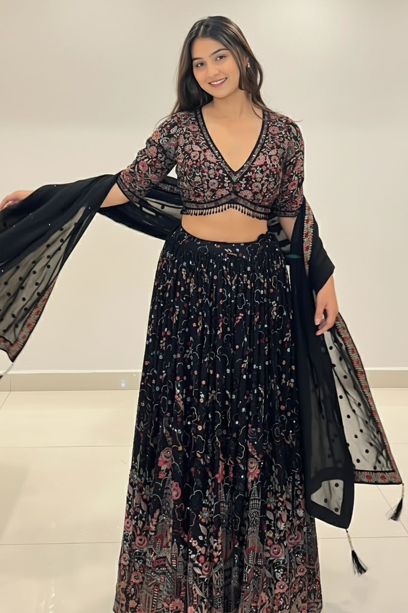 Black Lehenga With Multi- coloured Floral Embellishment