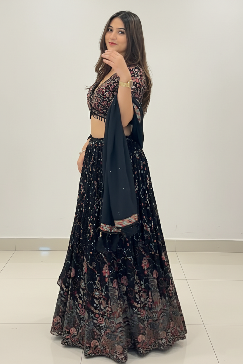 Black Lehenga With Multi- coloured Floral Embellishment4