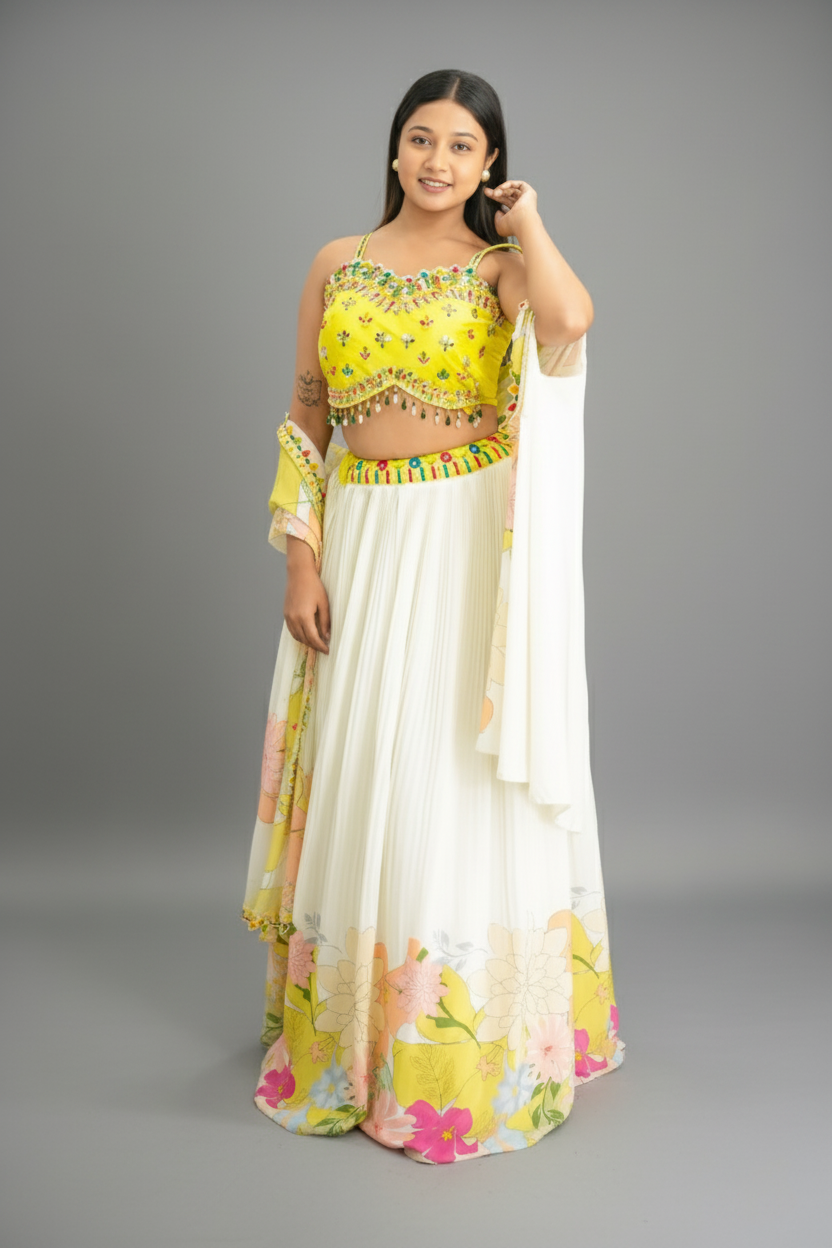 Yellow and Off-White Ensemble of Printed Top and Skirt With Cape