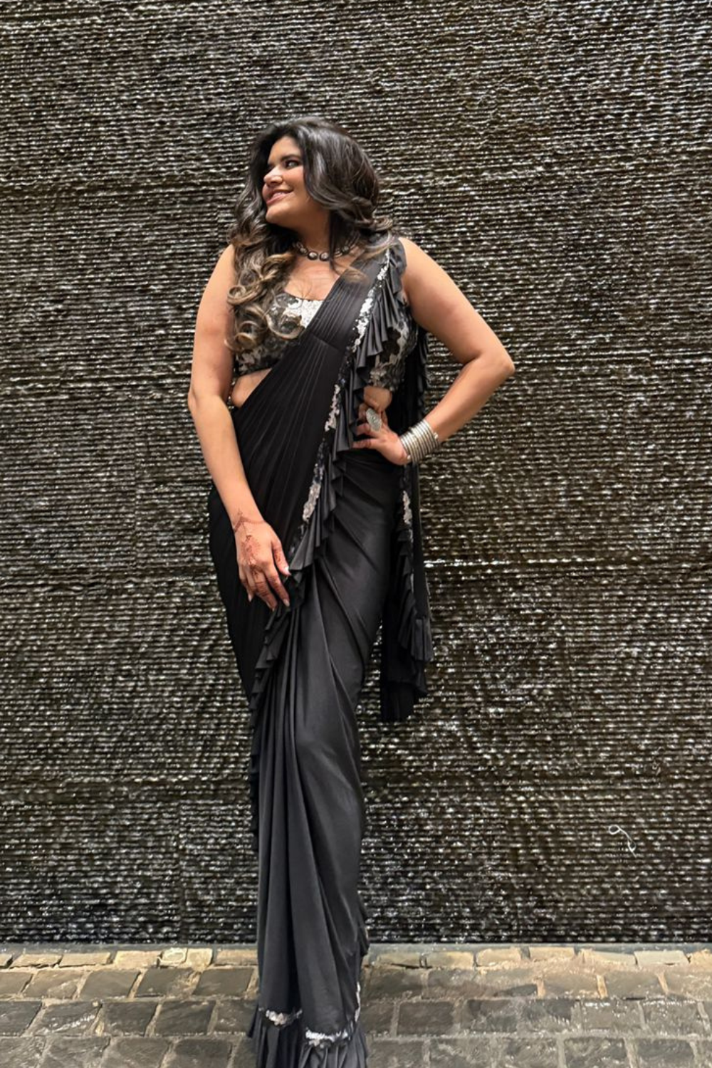 Black Pre- draped Saree With Silver Sequins Embellishment