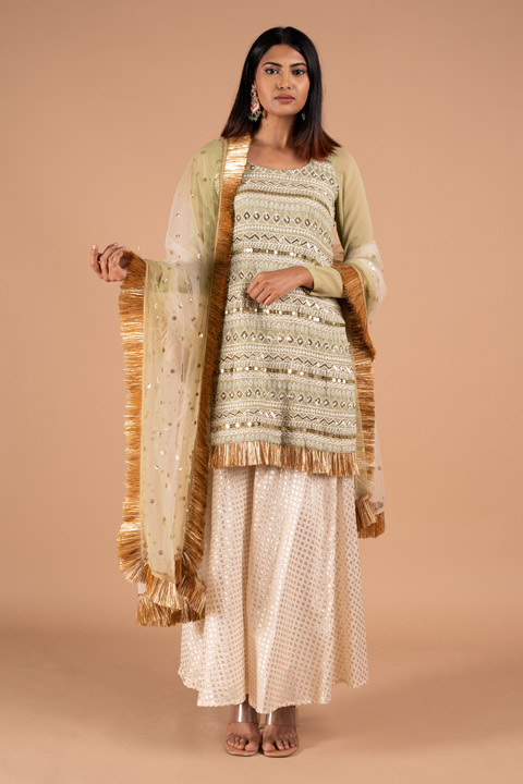 Sage Green Kurta with Chanderi Skirt