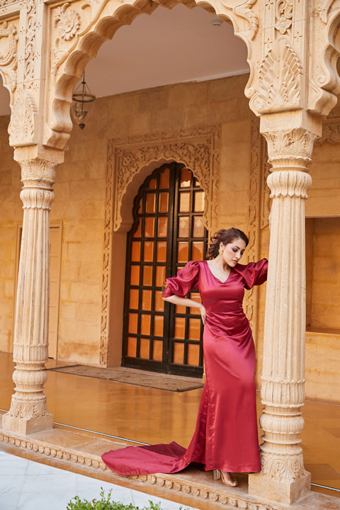 Maroon V Neck Gown