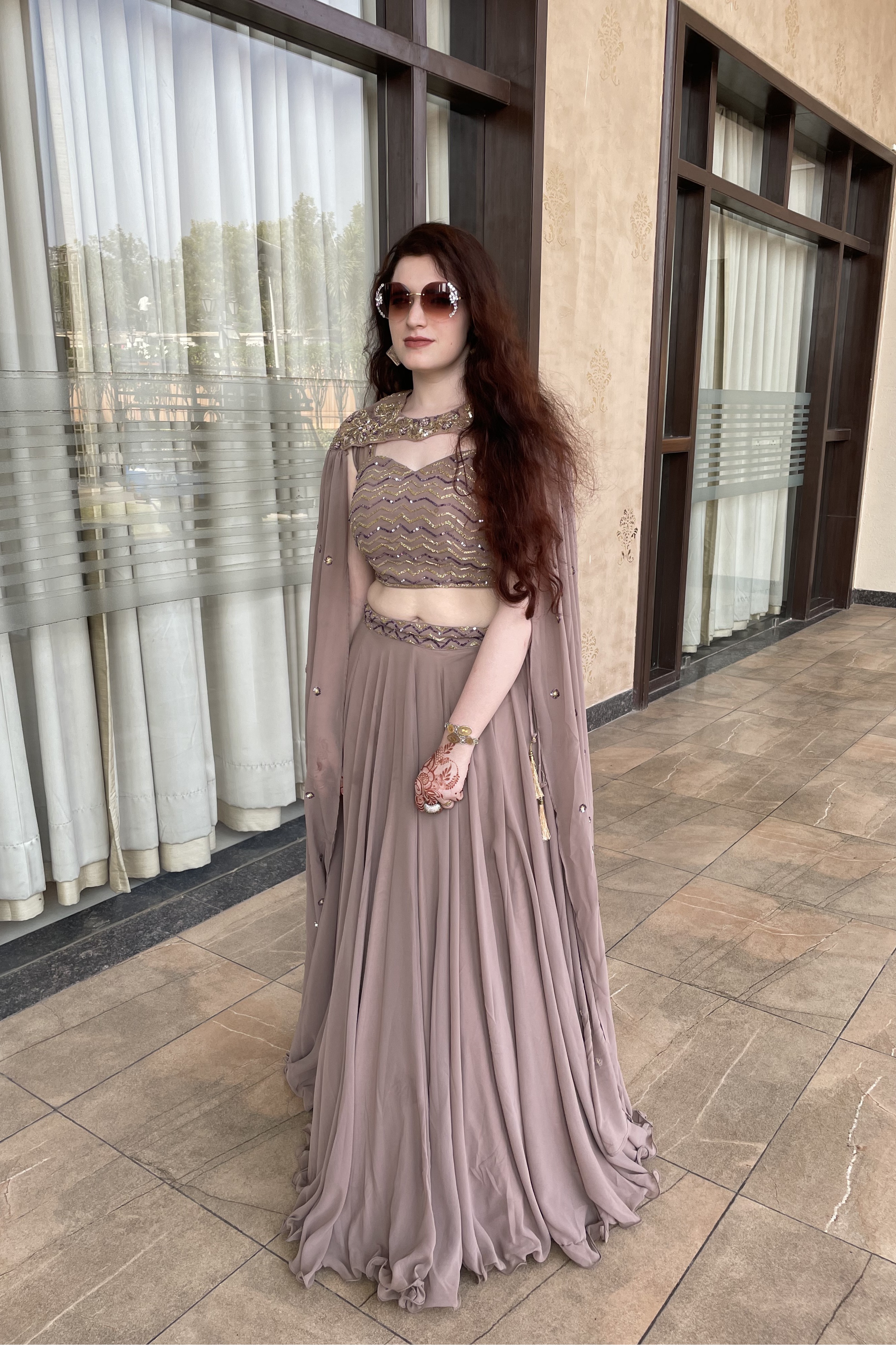Dusty Mauve Lehenga With Cape