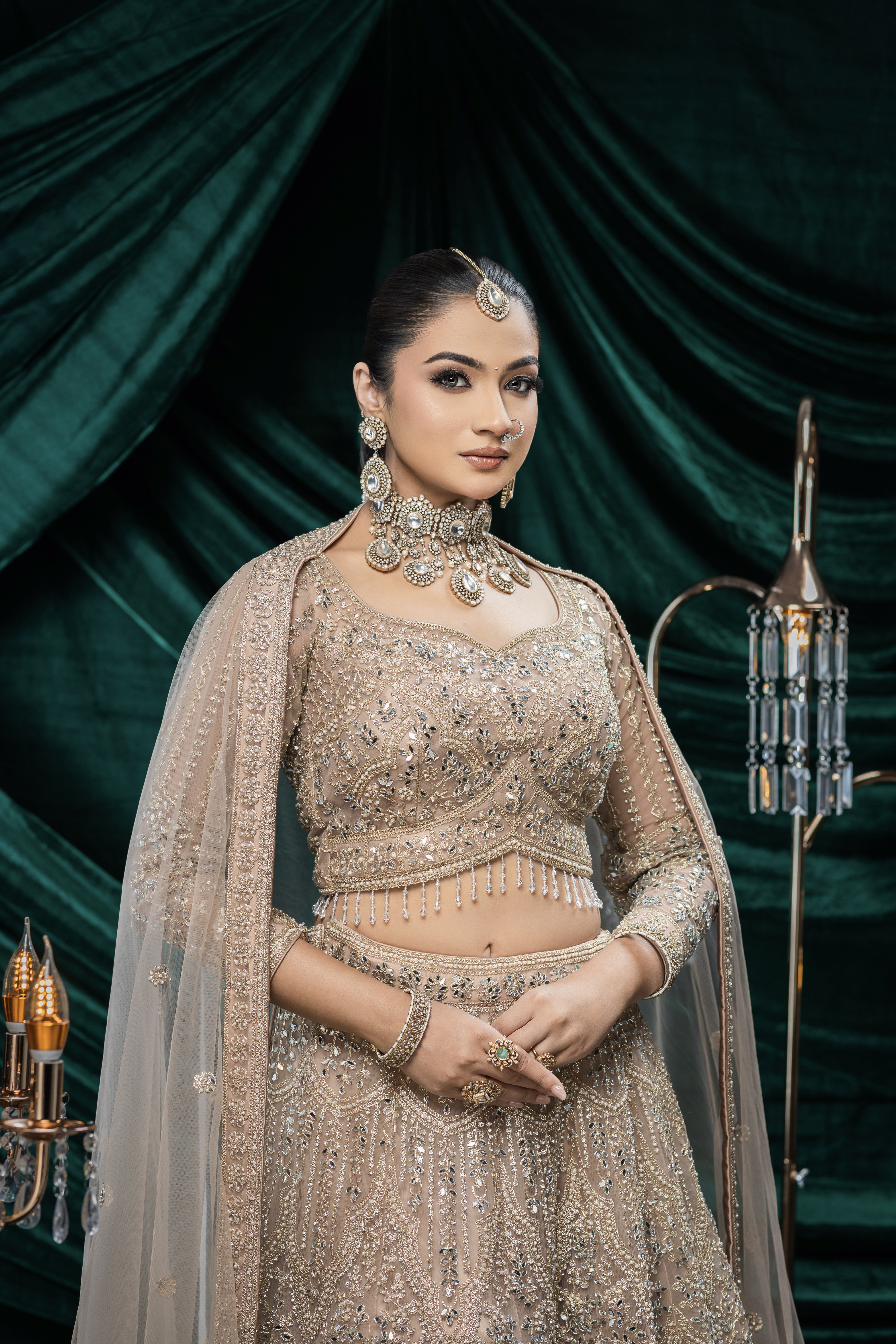 Beige Lehenga With Mirror And Golden Thread Embellishment1