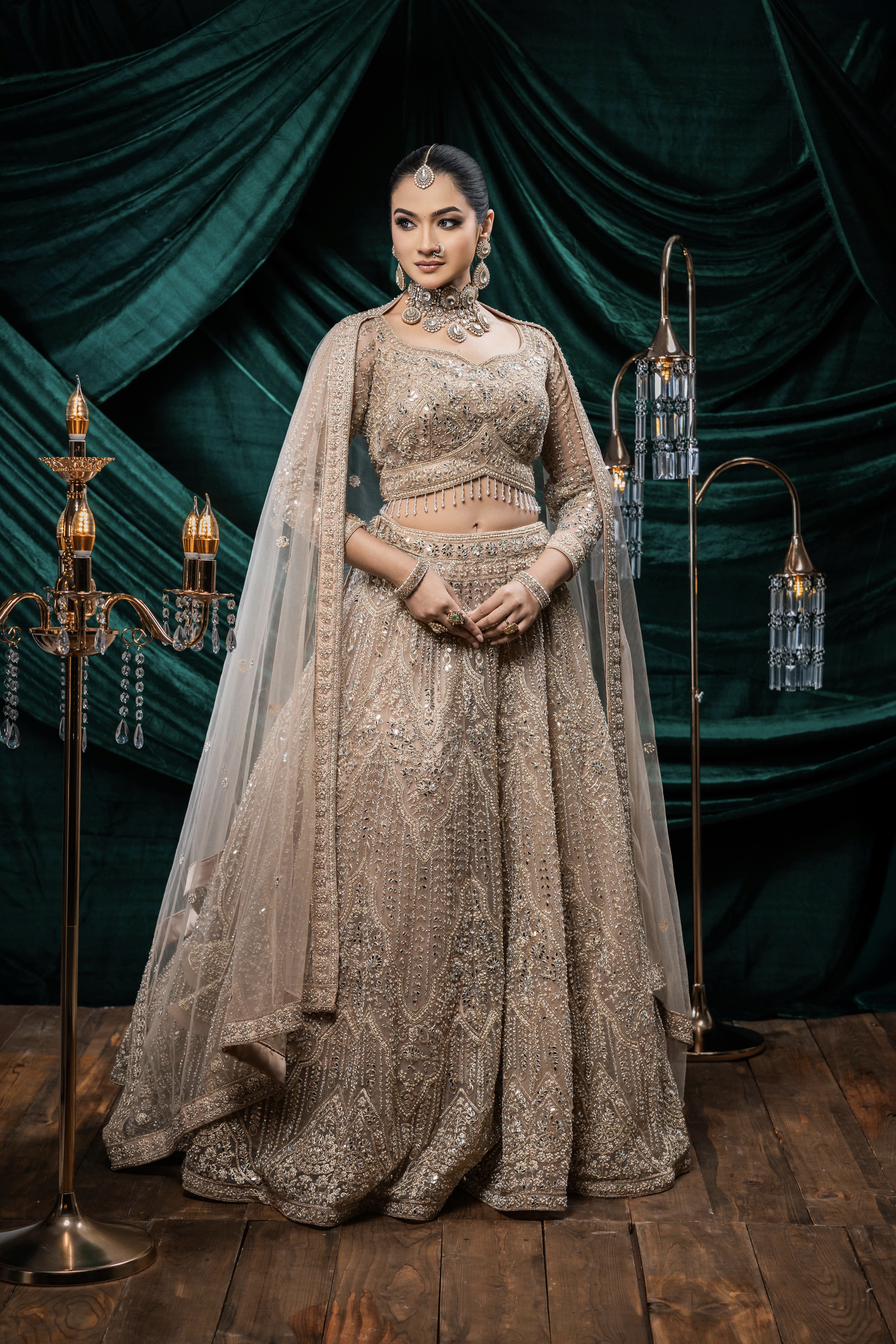 Beige Lehenga With Mirror And Golden Thread Embellishment