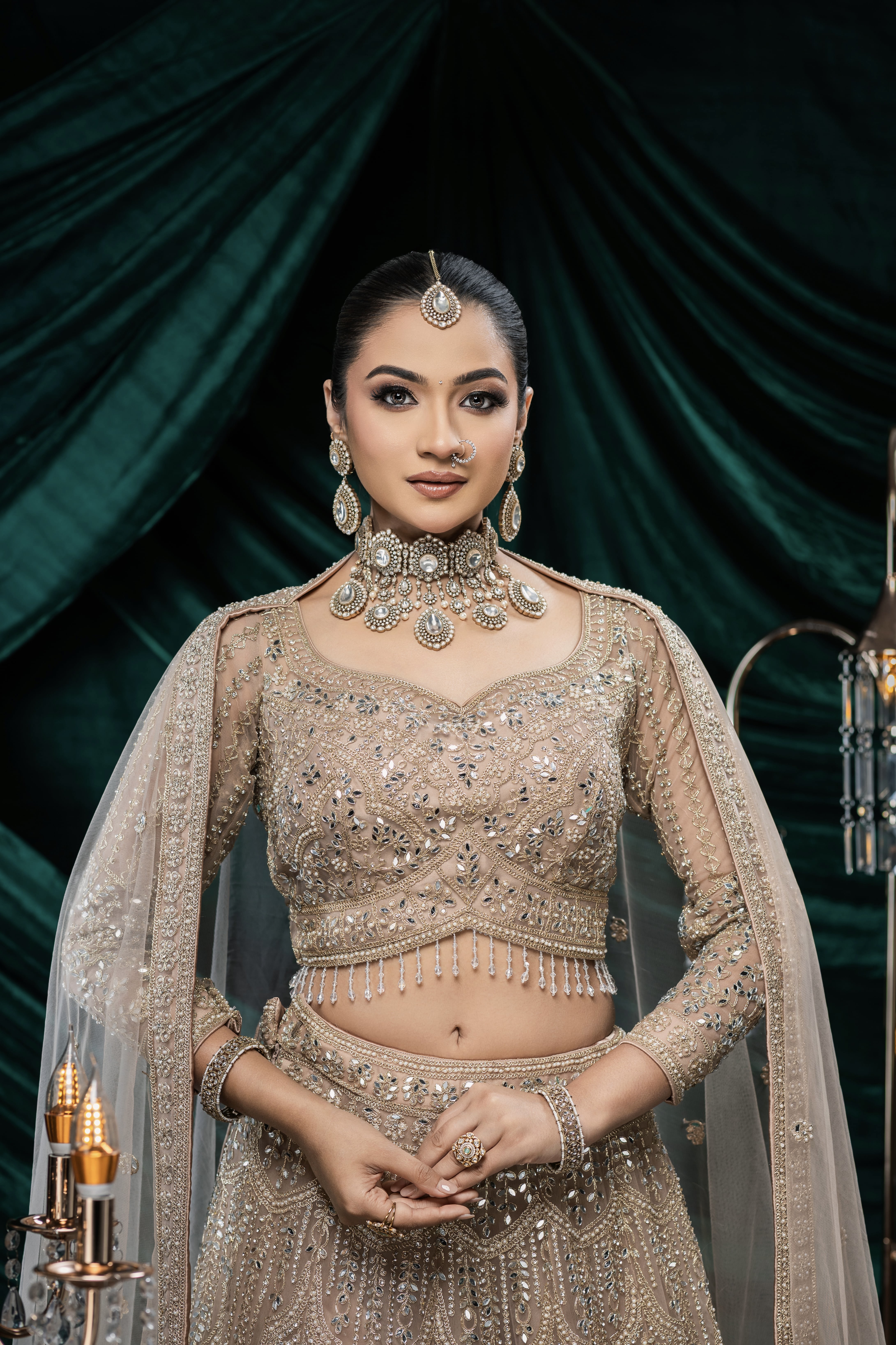 Beige Lehenga With Mirror And Golden Thread Embellishment4