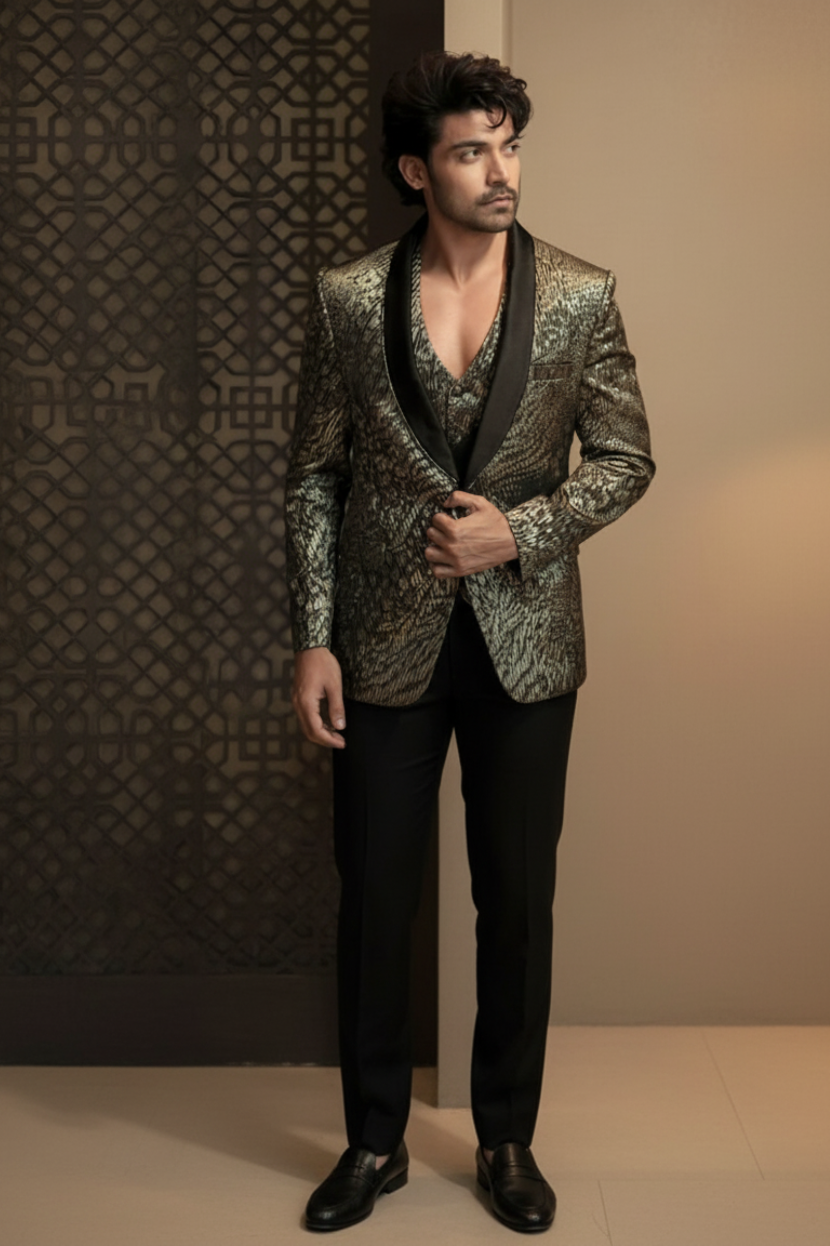 Metallic Golden And Black Three Pieces Suit Set