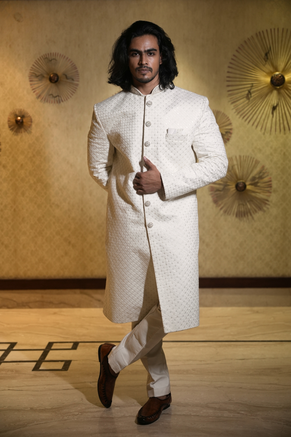 Pristine White Sherwani Set WIth Sequin Embellishment5