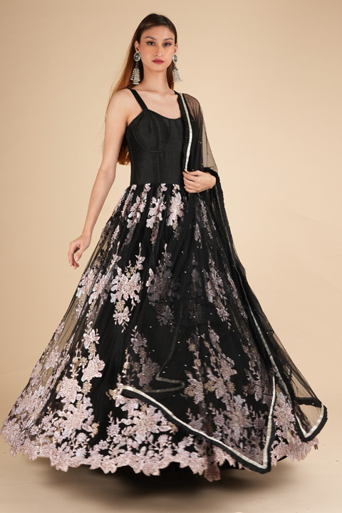 Floral Embellished Black Corset Gown