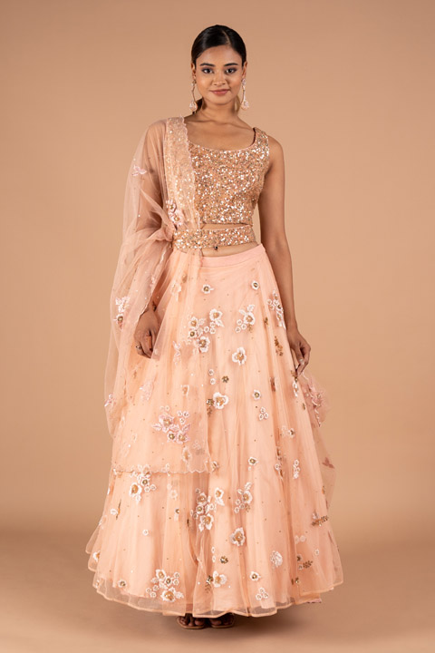 Sequin Embellished Peach Lehenga