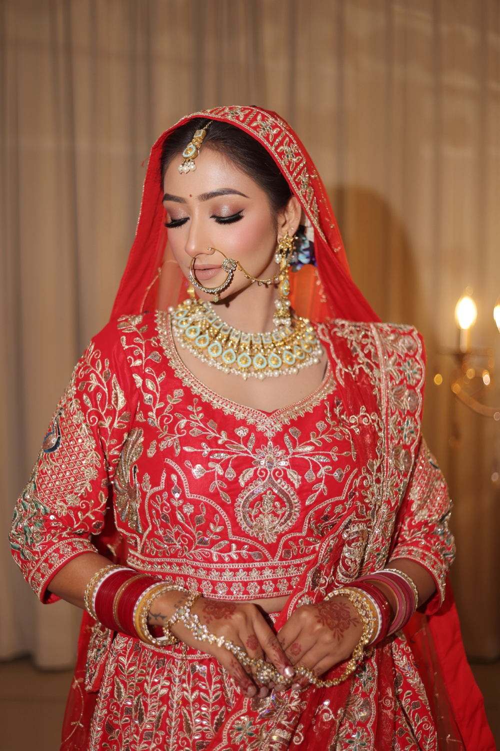 Red Bridal Lehenga In Peacock Floral Motif With Golden Zari Work Embellishment5