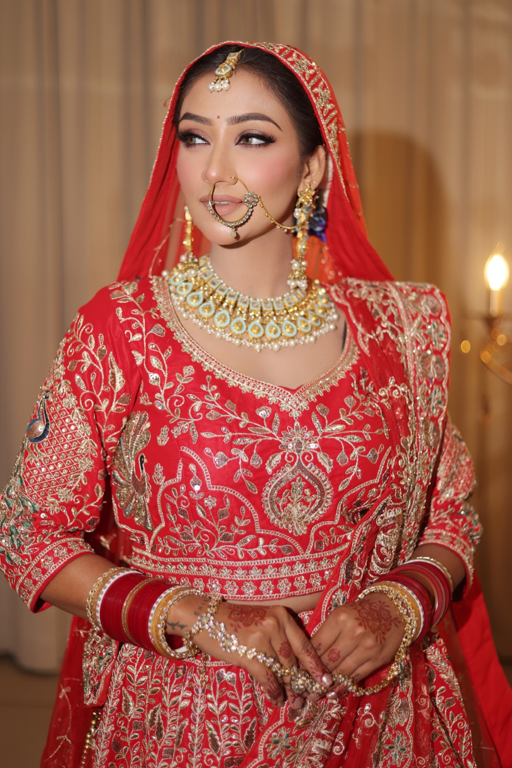 Red Bridal Lehenga In Peacock Floral Motif With Golden Zari Work Embellishment6