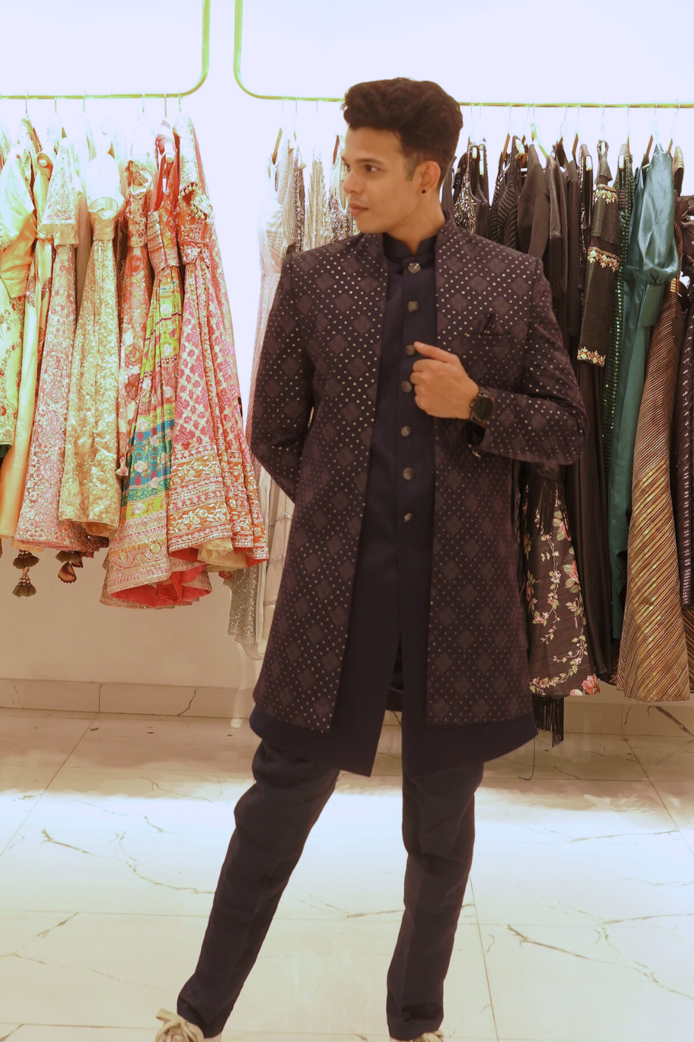 Navy Blue Indo- Western Set With Jacquard Textured Jacket