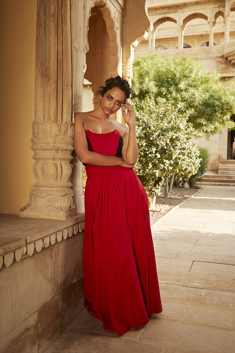 Reversible Red and Black corset-belt gown