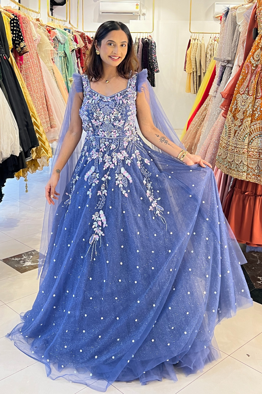 Dark Periwinkle Blue Gown With Shoulder Trail1