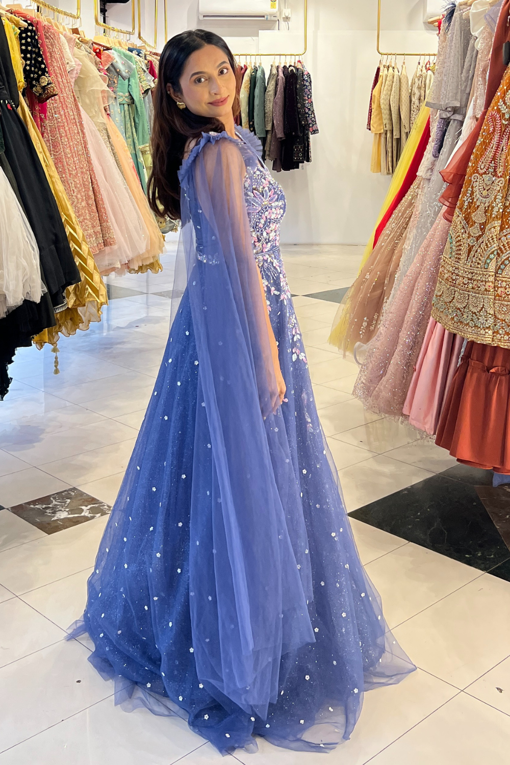 Dark Periwinkle Blue Gown With Shoulder Trail2