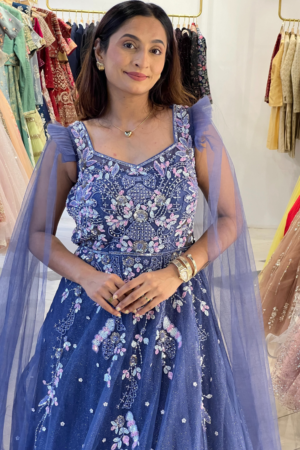 Dark Periwinkle Blue Gown With Shoulder Trail3